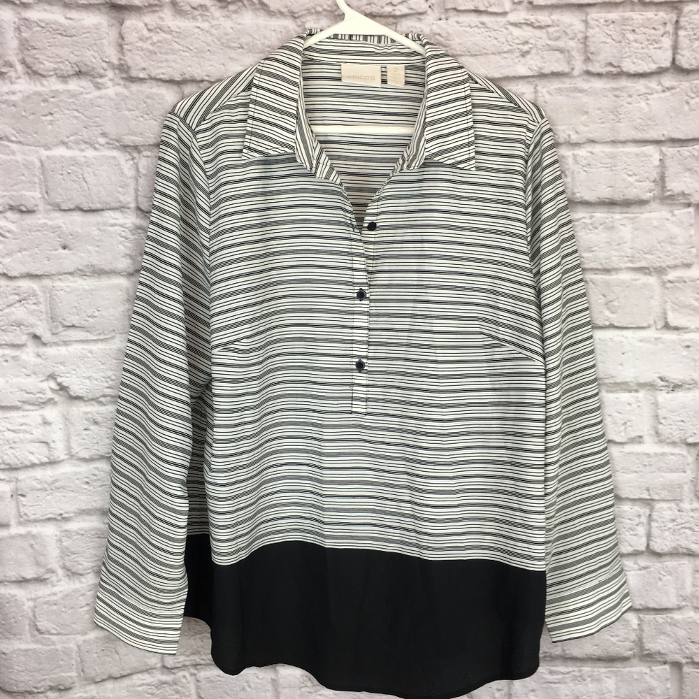 Chicos pop over black white blouse size 2